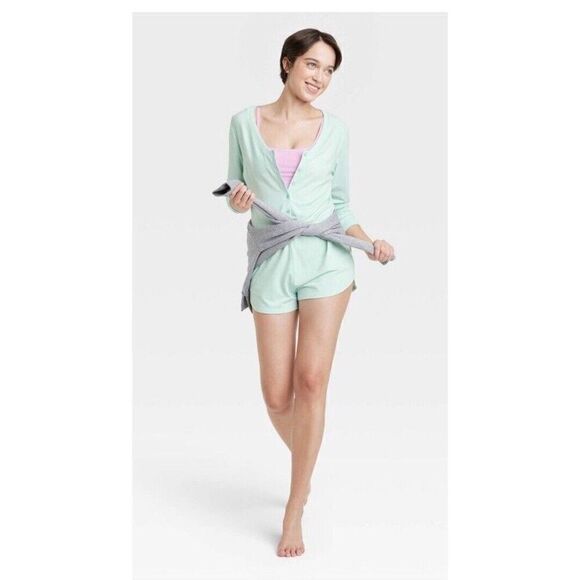 Colsie Glitter Romper Short Pajama Long Sleeve Mint Green Women’s L Metallic EUC - Picture 10 of 16